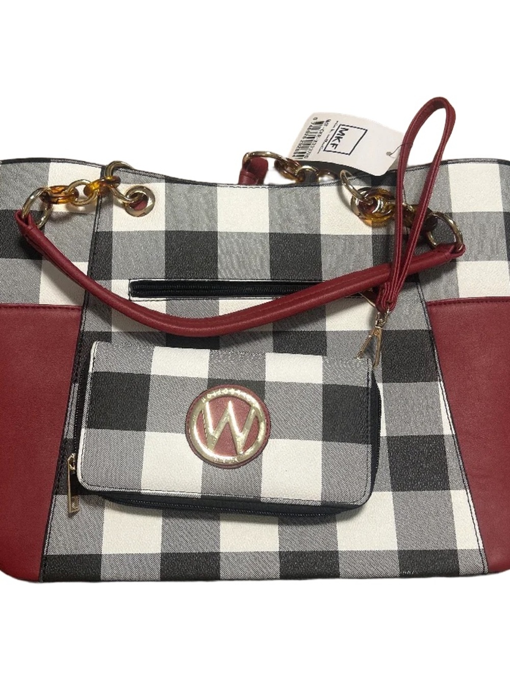 Plaid Black & Red Tote with Matching Wallet - W Logo Accent